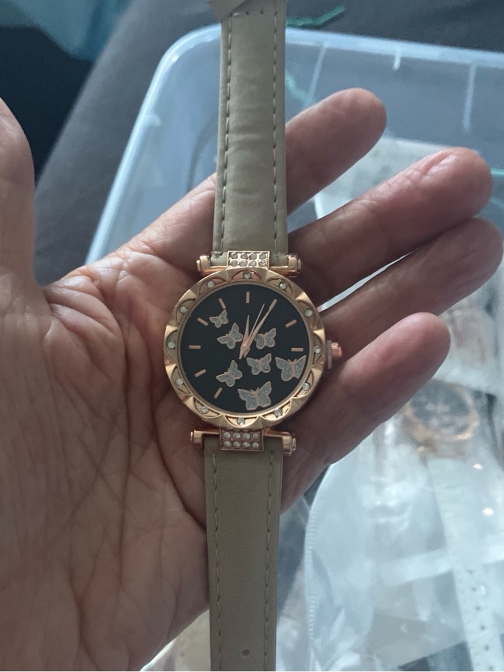 Rose Gold Butterfly Dial Women's Watch with Beige Strap